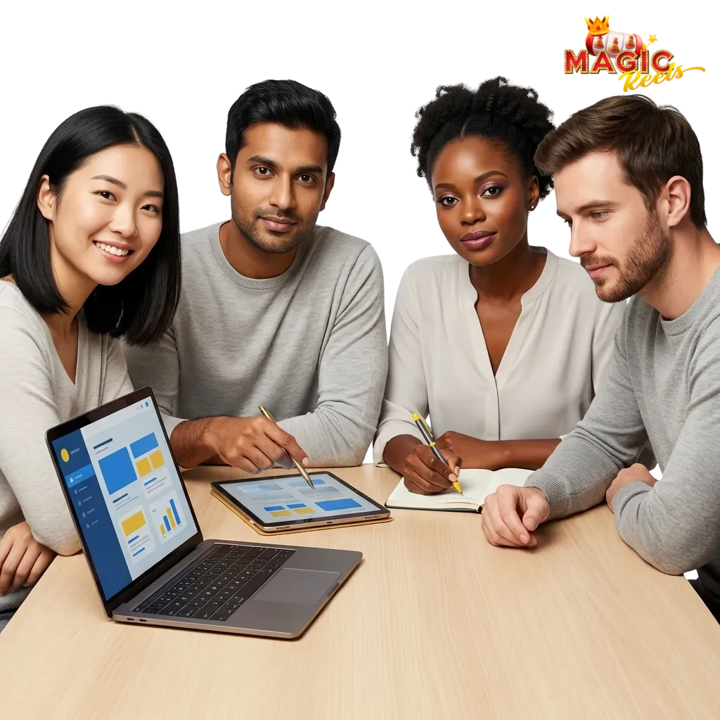 Magic Reels online gaming platform showing casino games, sports betting interface, and mobile app on smartphone