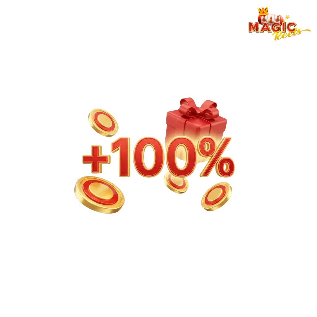 Magic Reels casino welcome bonus showing 200% deposit match offer for UK players with slots and sports betting options