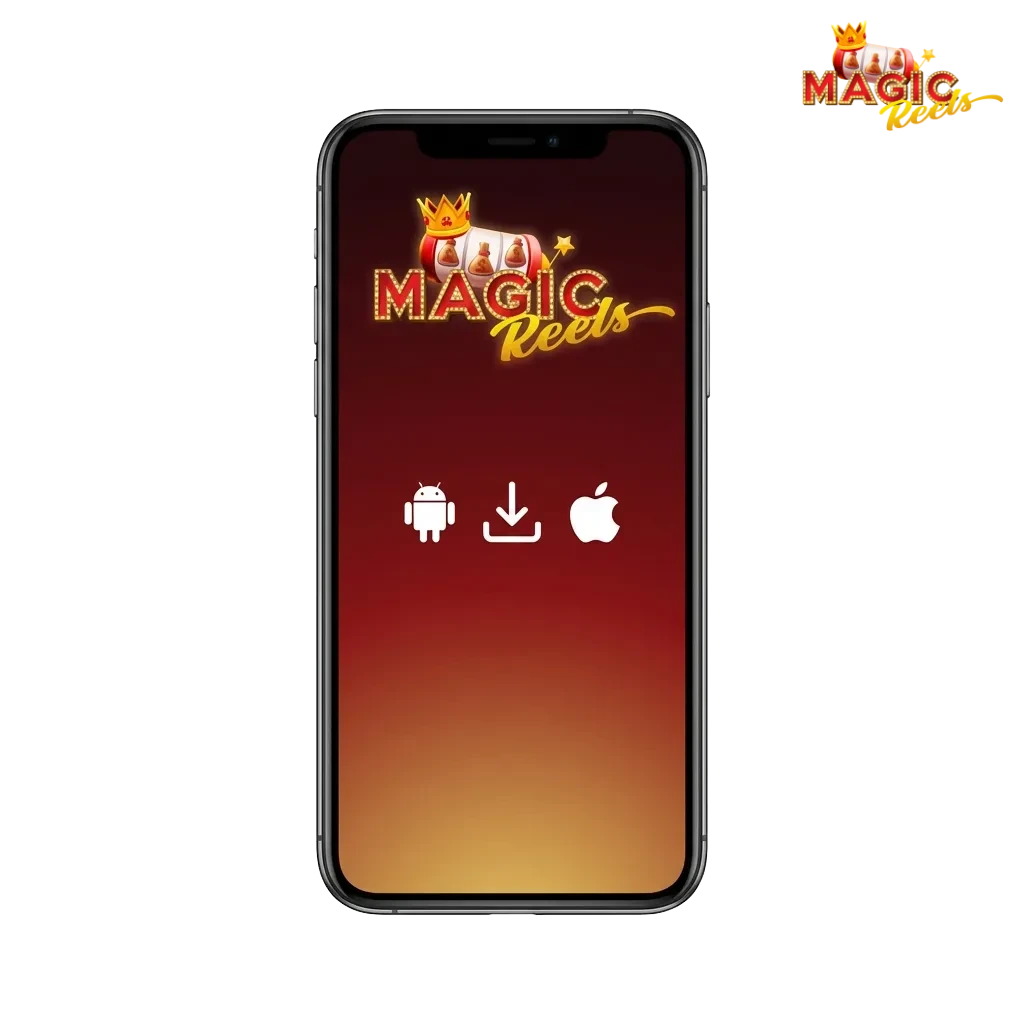 Magic Reels mobile app interface showing Android and iOS compatibility with 200% welcome bonus offer for new players