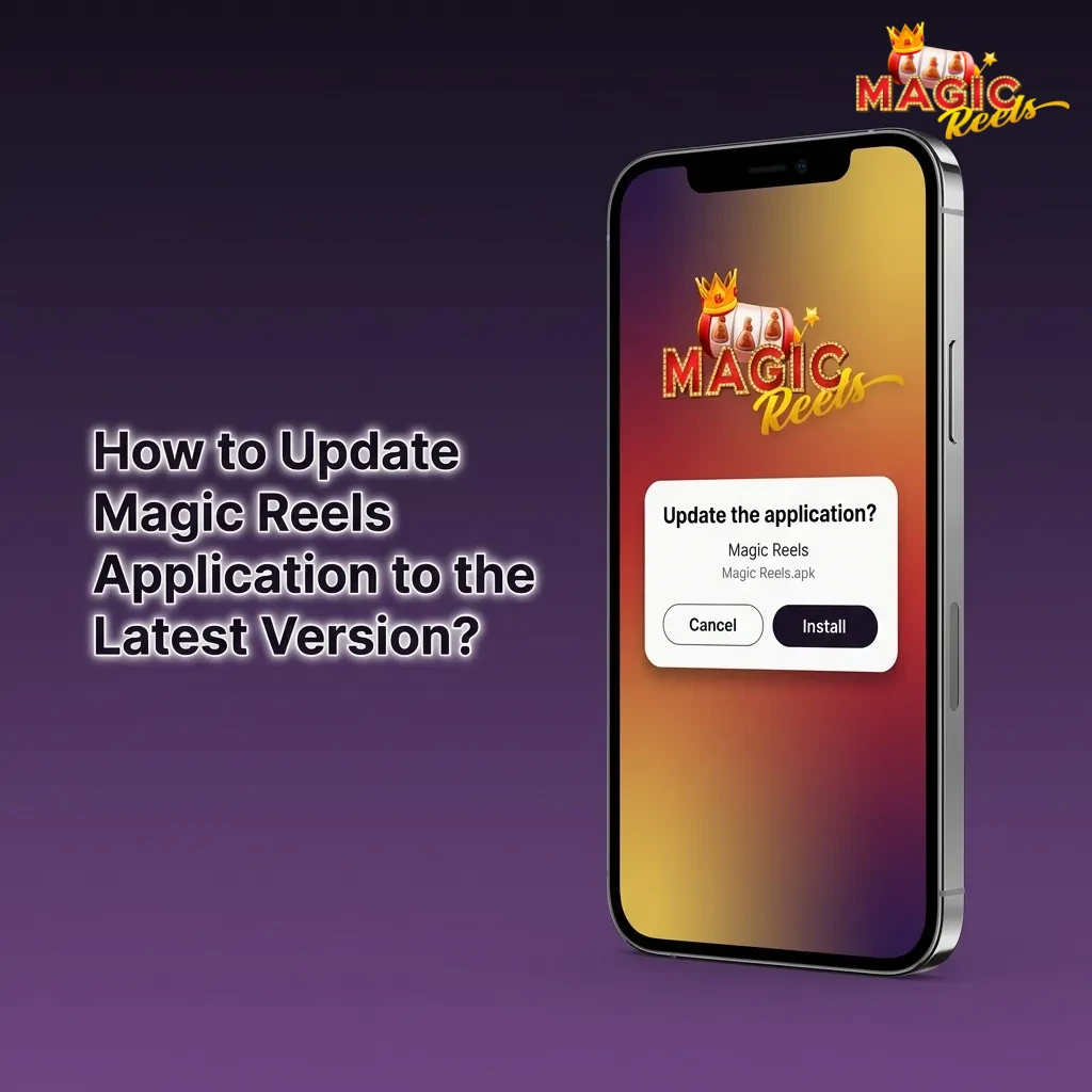 Magic Reels app update notification banner with download and install buttons on Android smartphone screen