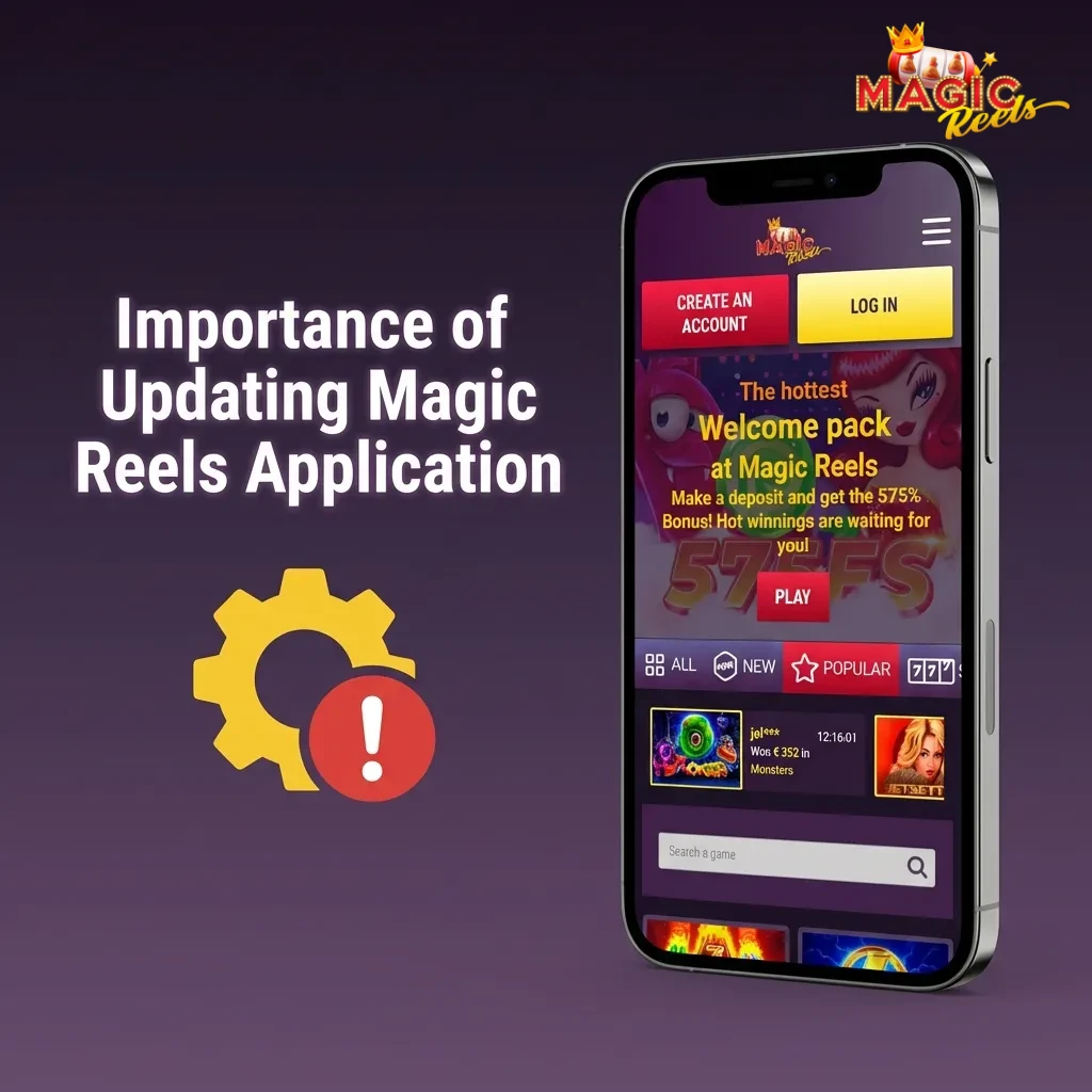 Magic Reels app update notification showing security, performance improvements, and bug fixes for optimal gaming experience
