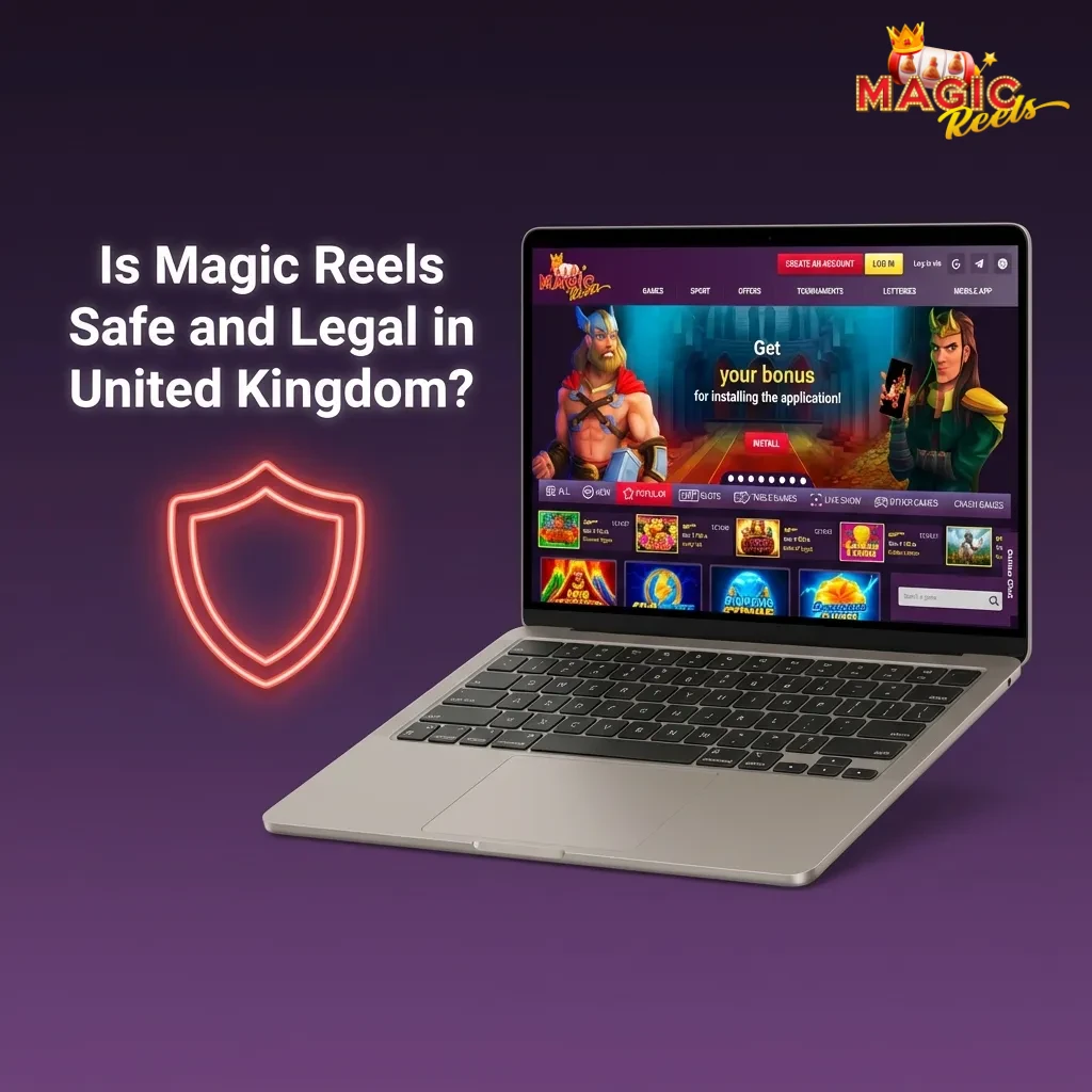 Magic Reels online casino interface showing security badges, SSL encryption icon, and UK gaming license verification symbols.