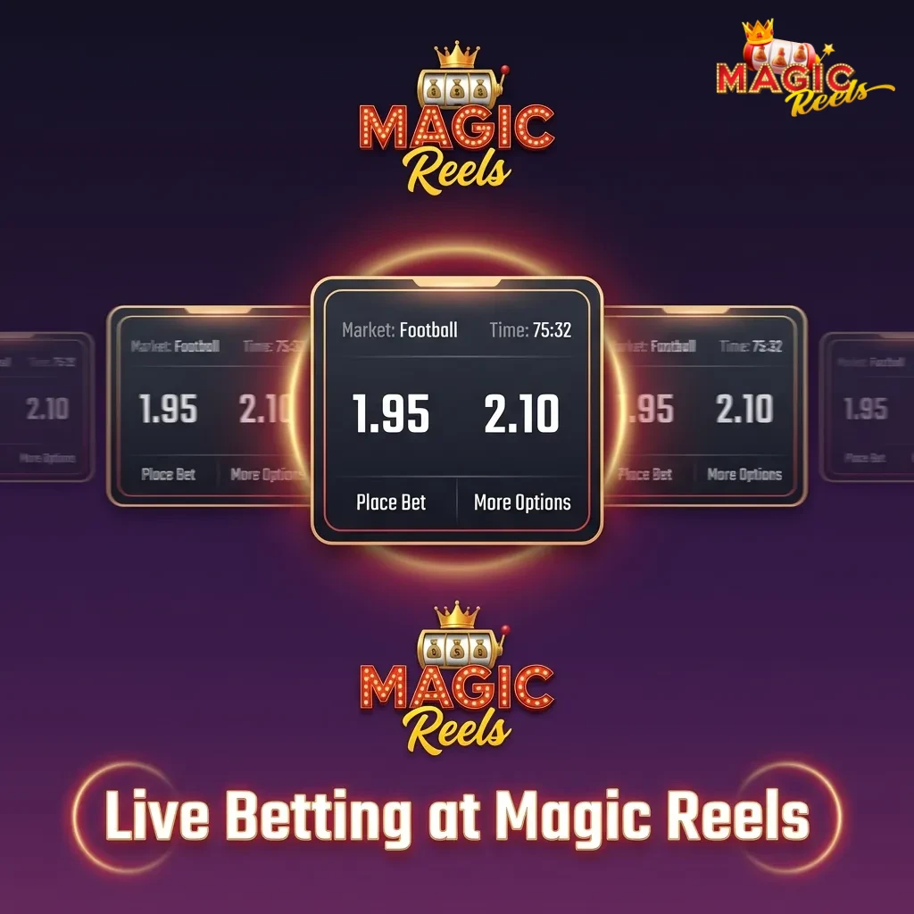 Live betting interface at Magic Reels showing real-time odds for football, tennis, basketball, cricket, and esports matches