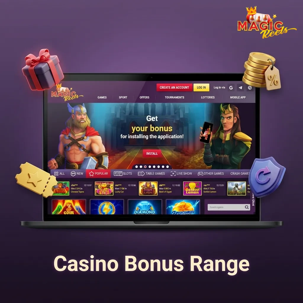 Magic Reels casino bonuses including slots reload, table game cashback, live casino free bet, and high roller promotions