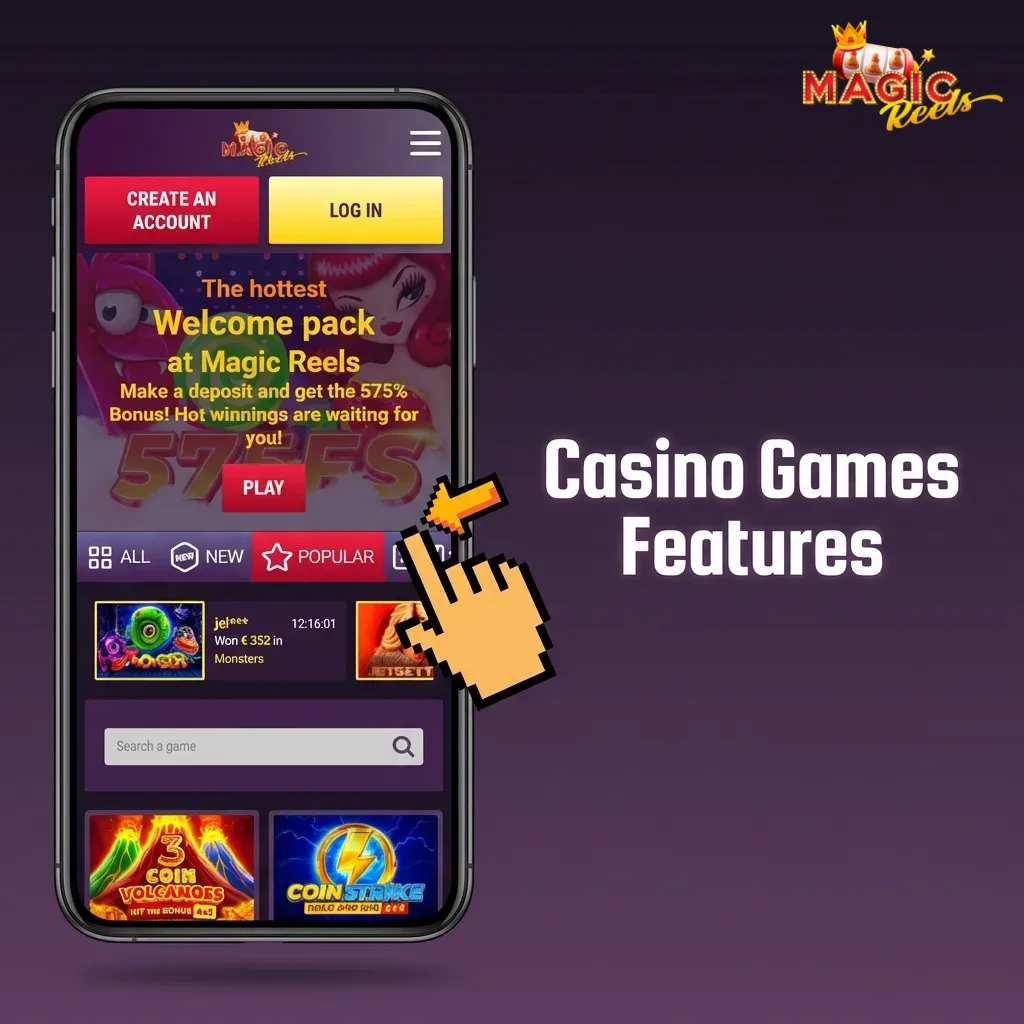 Magic Reels casino app displaying slot games, table games, and live dealer options from top gaming providers