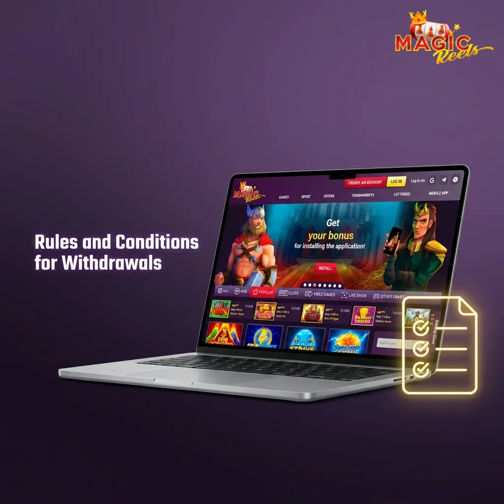 Checklist showing withdrawal rules: verification, wagering requirements, deposit method matching, currency, and pending periods.