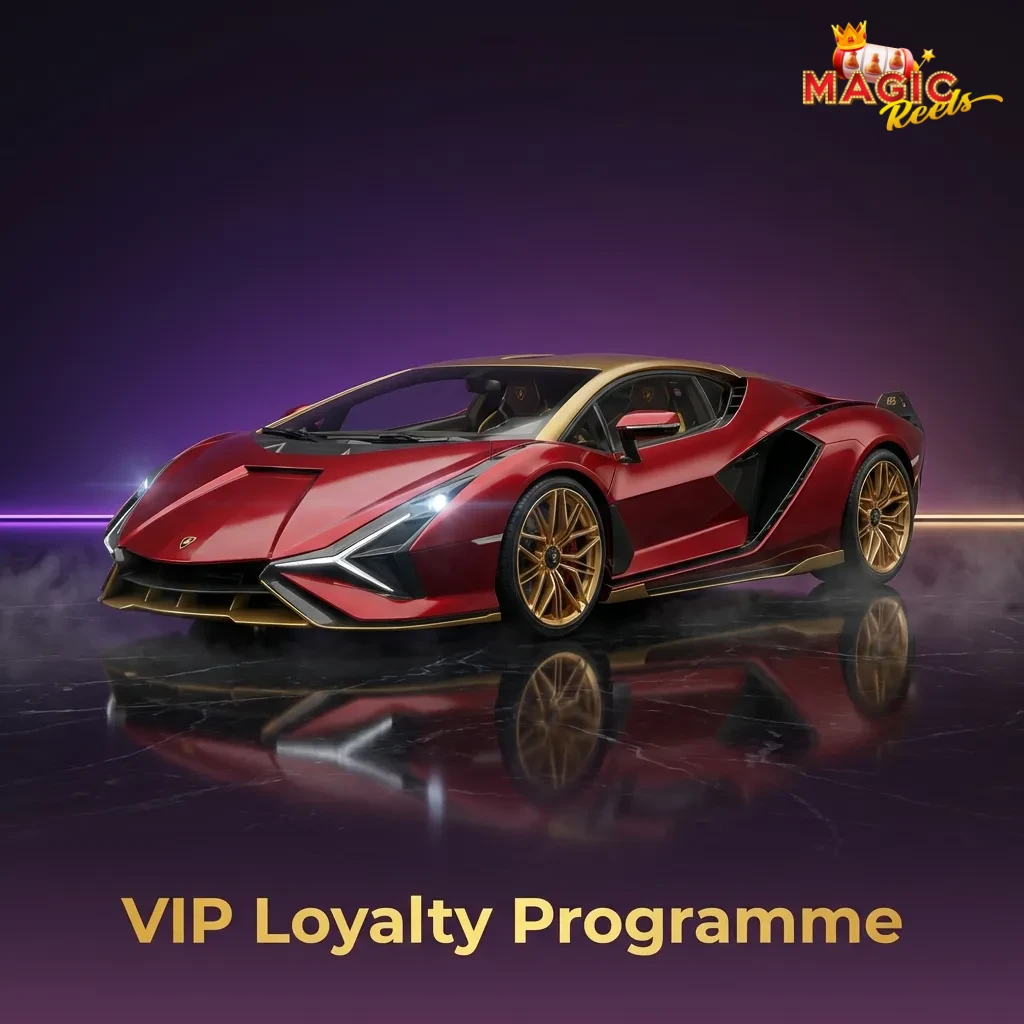 Five-tier VIP loyalty program graphic showing point thresholds and rewards for Magic Reels casino members