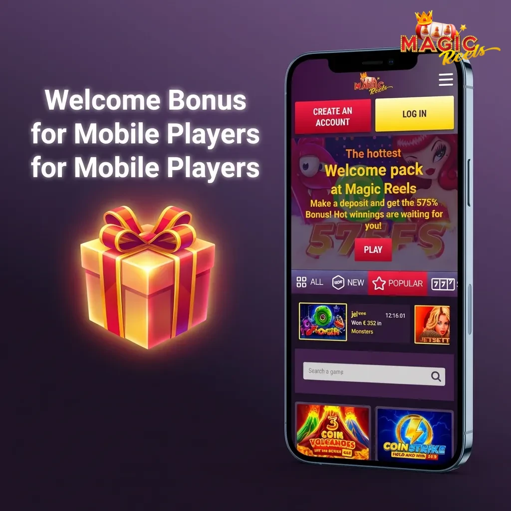 Magic Reels mobile app welcome bonus: 200% match on first deposit of £20+, with 35x wagering requirement for new players.