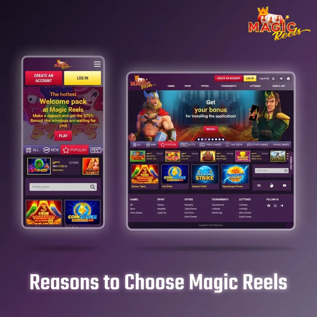 Magic Reels platform showing UK licensing badge, 200% welcome bonus offer, and mobile betting interface with sports markets
