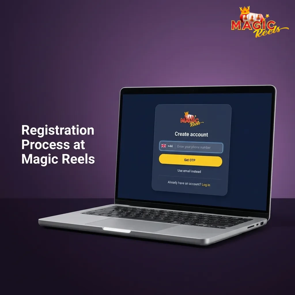 Step-by-step guide showing Magic Reels casino registration form with email, password, and personal details fields.